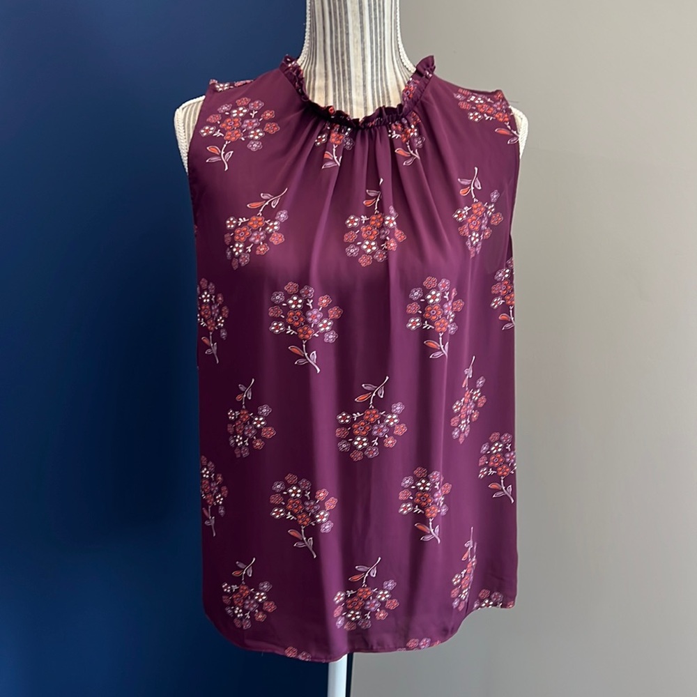 LOFT Ruffle Neck Sleeveless Mixed Media Shell - Medium